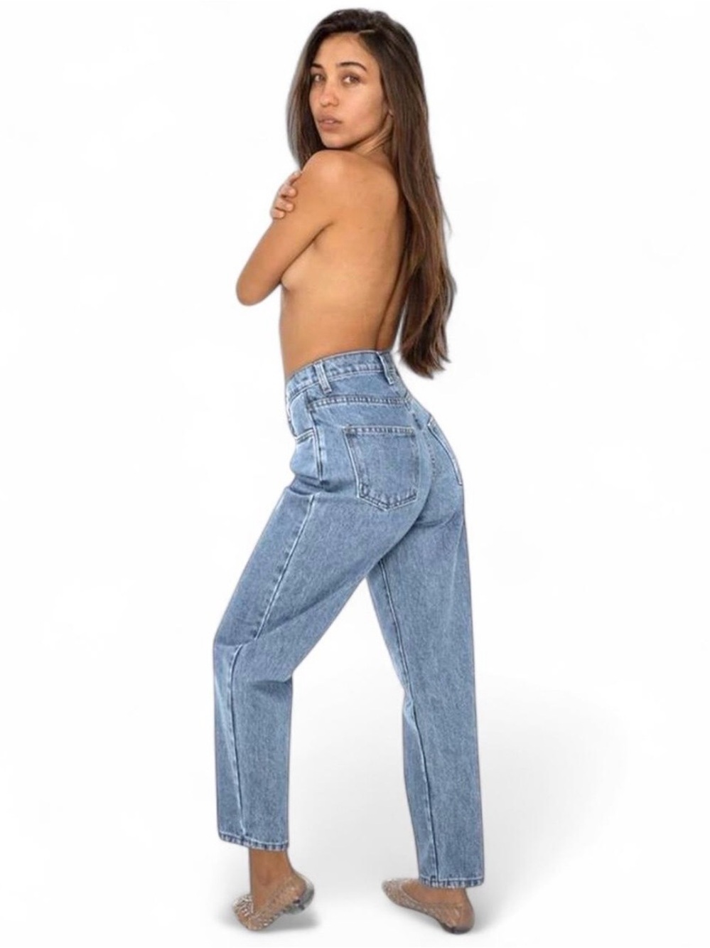 LA Apparel High-Rise Straight Leg Jeans in Light Blue Wash